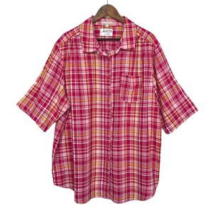 Woman Within Shirt Top Women Size 1X Pink Plaid Pocket‎ Short Sleeve Linen Rayon